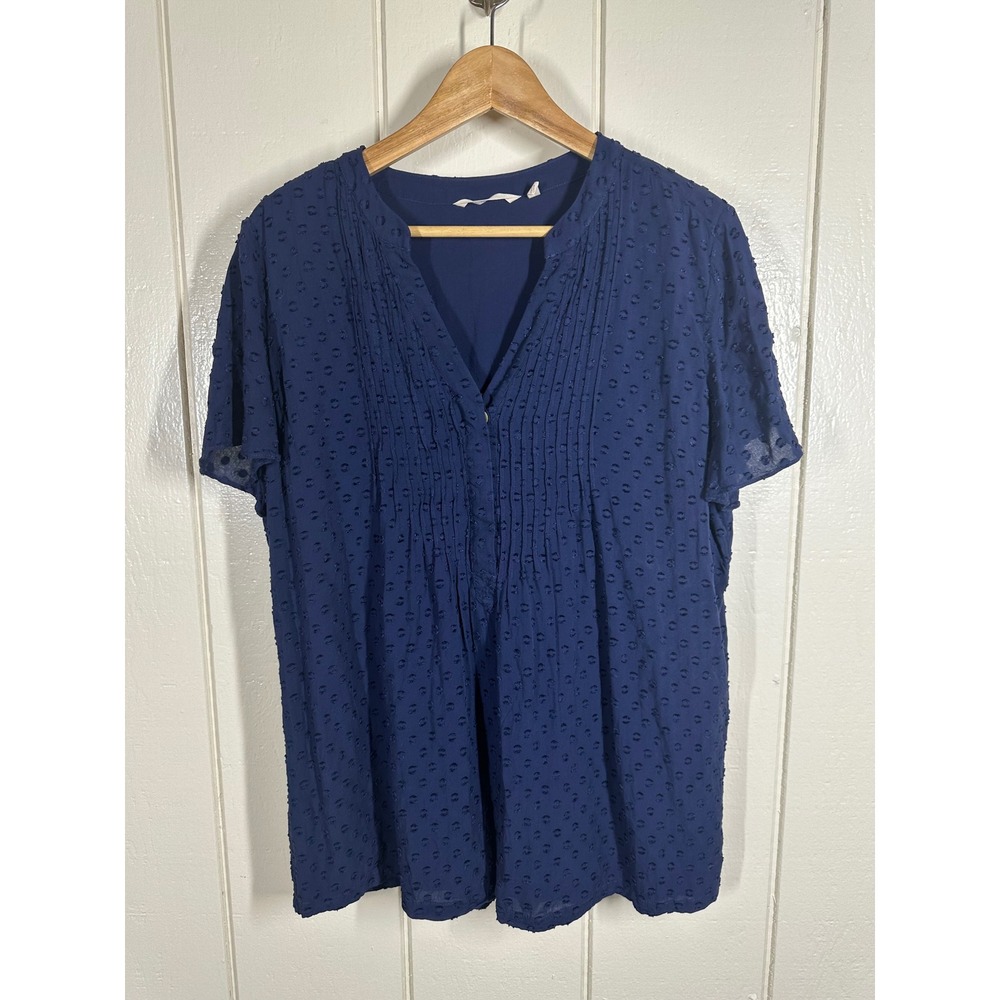 Soft Surroundings Blouse Womens L Navy Blue Clip Dot Pintuck Short Sleeve Top